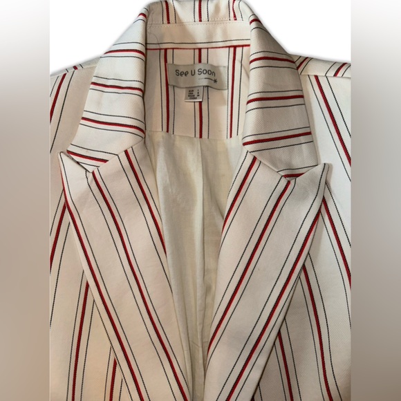 See You Soon cotton / elastin red & ivory striped single breasted blazer SZ S - Picture 4 of 4